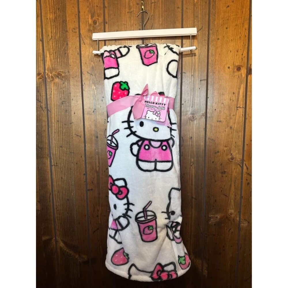 Hello Kitty Fleece Throw Blanket 60" X 70" With Pink Bow & Strawberry Milk Print